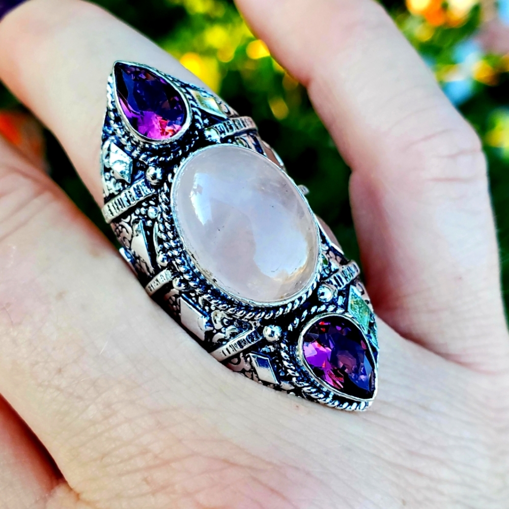 New Rose Quartz and Amethyst 925 Silver Statement Ring.